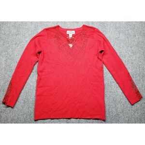 Oliver Sweater Womens XL Red Floral Lace Long Sleeve Crew Neck Pullover New